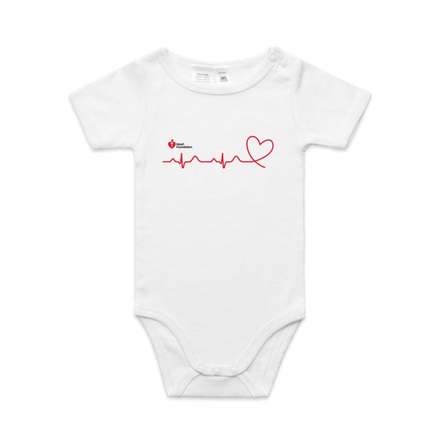 White infant onesie with heartbeat line logo featured on white background.