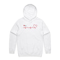 White unisex adults hoodie with heartbeat line print featured on white background.