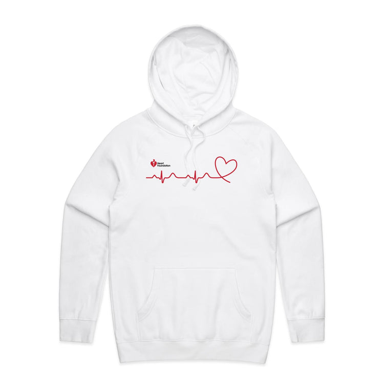 White unisex adults hoodie with heartbeat line print featured on white background.