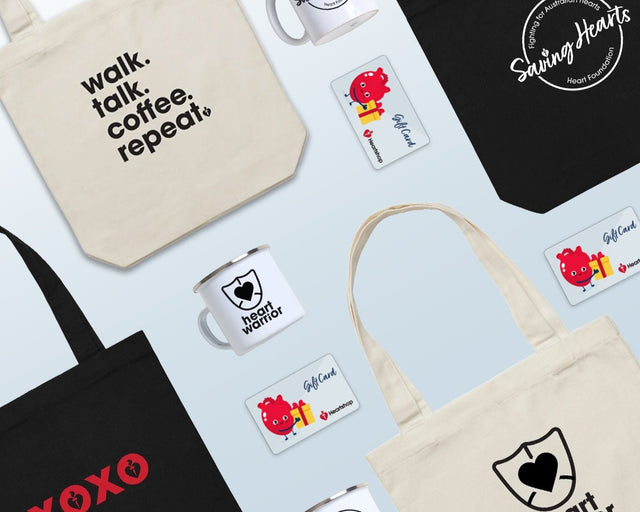 Collection of tote bags, mugs, and gift cards with various designs and text on a light blue background.