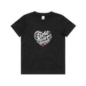 Kids black t-shirt with a white heart-shaped “Fight heart disease” design, featured on white background.