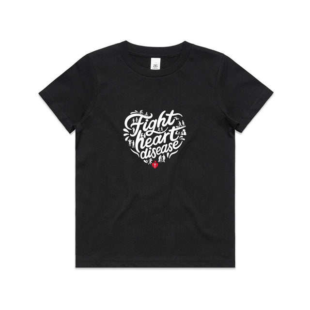 Kids black t-shirt with a white heart-shaped “Fight heart disease” design, featured on white background.