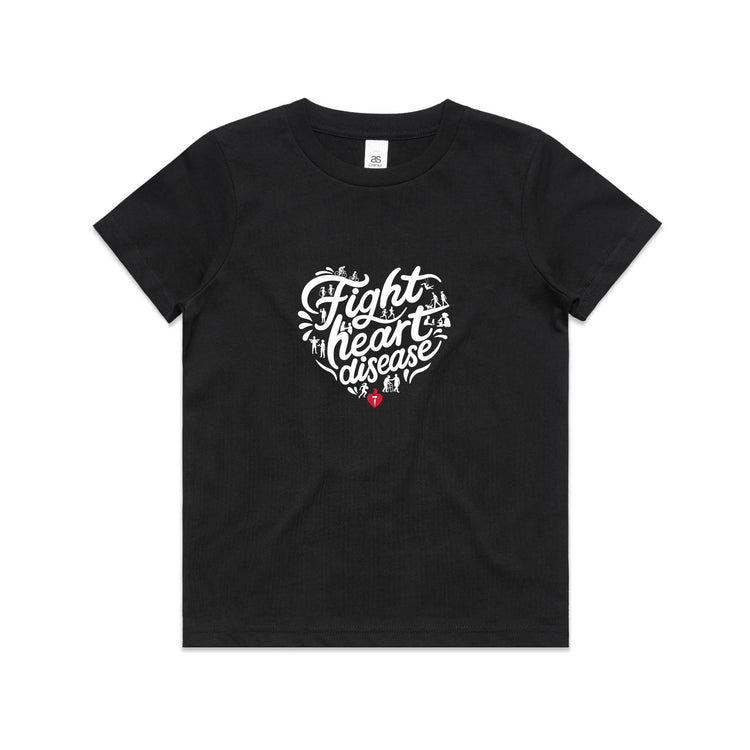 Kids black t-shirt with a white heart-shaped “Fight heart disease” design, featured on white background.