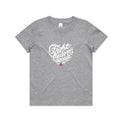 Kids grey marle t-shirt with a white heart-shaped “Fight heart disease” design, featured on white background.