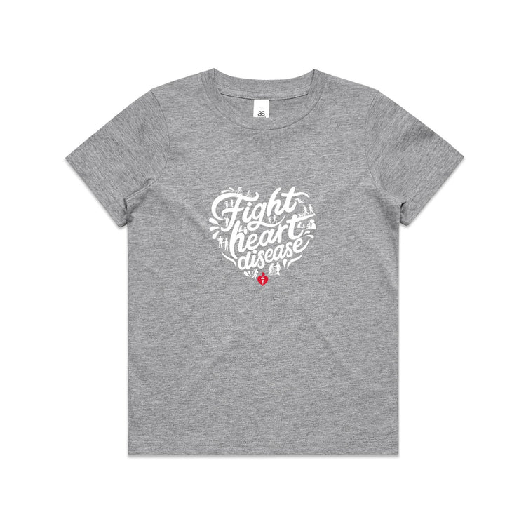 Kids grey marle t-shirt with a white heart-shaped “Fight heart disease” design, featured on white background.