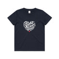 Kids navy t-shirt with a white heart-shaped “Fight heart disease” design, featured on white background.