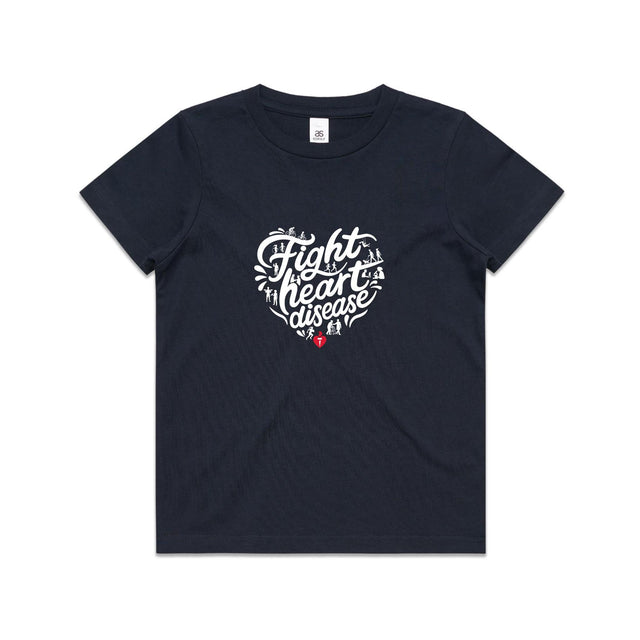 Kids navy t-shirt with a white heart-shaped “Fight heart disease” design, featured on white background.