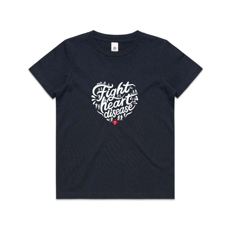Kids navy t-shirt with a white heart-shaped “Fight heart disease” design, featured on white background.