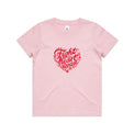 Kids pink t-shirt with a red heart-shaped “Fight heart disease” design, featured on white background.