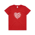 Kids red t-shirt with a white heart-shaped “Fight heart disease” design, featured on white background.