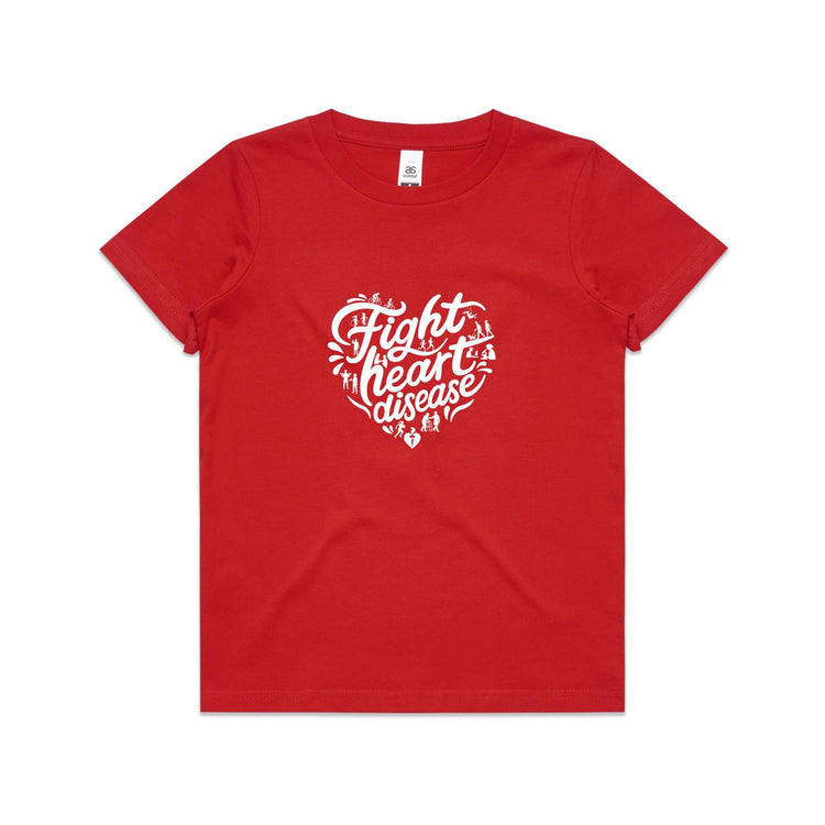 Kids red t-shirt with a white heart-shaped “Fight heart disease” design, featured on white background.