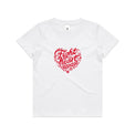 White kids t-shirt with a red heart-shaped “Fight heart disease” design, featured on white background.