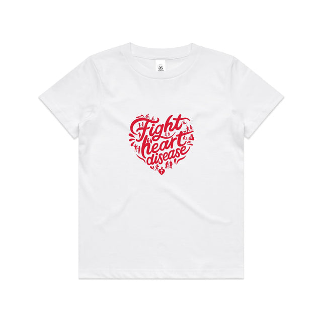 White kids t-shirt with a red heart-shaped “Fight heart disease” design, featured on white background.