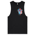 Men's black tank top with colourful anatomical heart drawing on left chest displayed on white background.