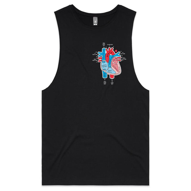 Men's black tank top with colourful anatomical heart drawing on left chest displayed on white background.