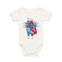 Natural colour infant onesie featuring an anatomical heart drawing, shown on a white background.