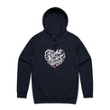 Front view of a navy unisex hoodie with a white heart-shaped “Fight heart disease” design and kangaroo pocket.