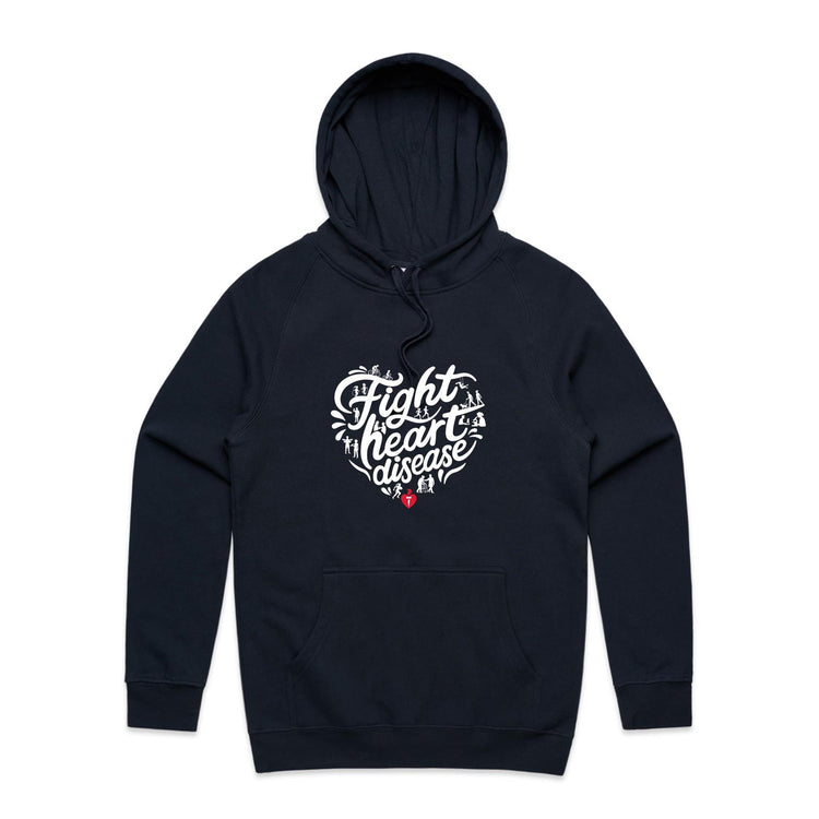 Front view of a navy unisex hoodie with a white heart-shaped “Fight heart disease” design and kangaroo pocket.