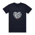 Navy unisex t-shirt with heart shaped 'Fight heart disease' message drawing centre front displayed on white background.