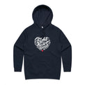 Women's navy hoodie with heart shaped 'Fight heart disease' message drawing centre front displayed on white background.