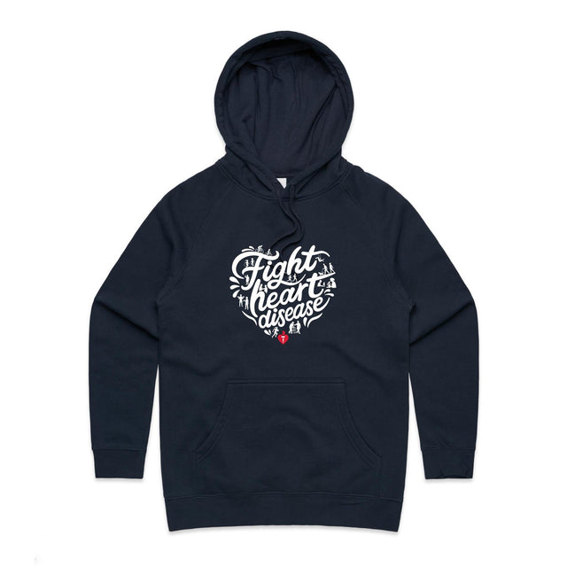 Women's navy hoodie with heart shaped 'Fight heart disease' message drawing centre front displayed on white background.
