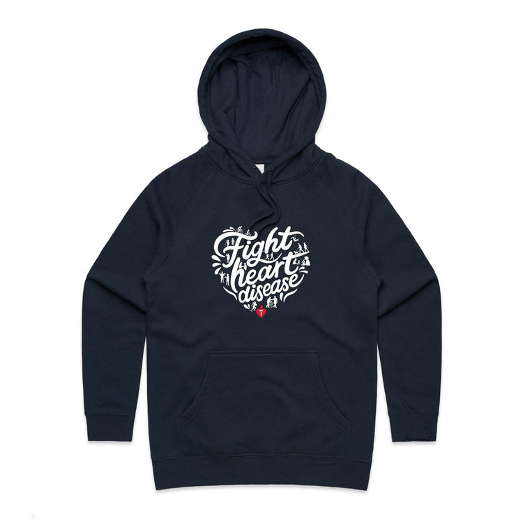 Women's navy hoodie with heart shaped 'Fight heart disease' message drawing centre front displayed on white background.