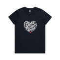 Women's navy t-shirt with heart shaped 'Fight heart disease' message drawing centre front displayed on white background.
