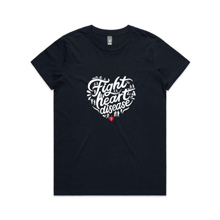 Women's navy t-shirt with heart shaped 'Fight heart disease' message drawing centre front displayed on white background.