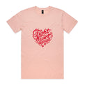 Plae pink unisex t-shirt with heart shaped 'Fight heart disease' message drawing centre front displayed on white background.