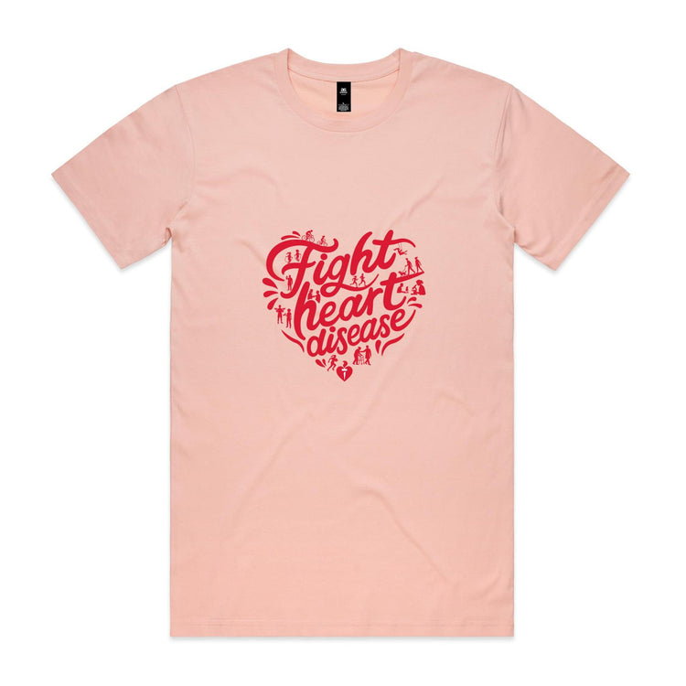 Plae pink unisex t-shirt with heart shaped 'Fight heart disease' message drawing centre front displayed on white background.