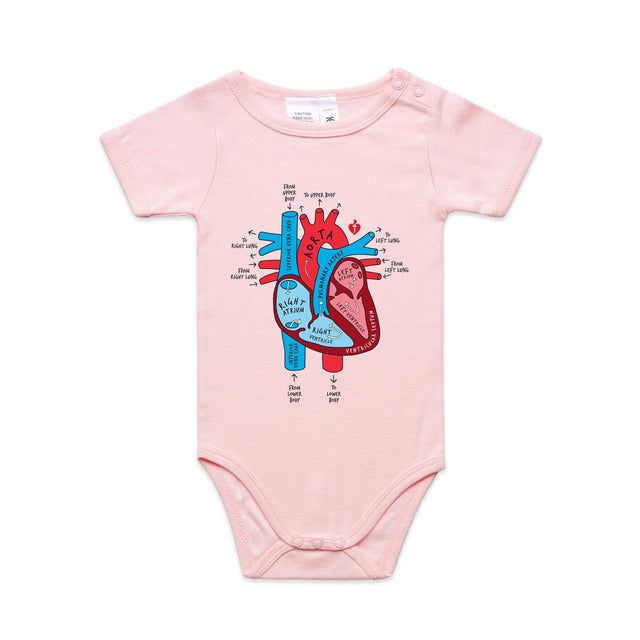 Pink infant onesie featuring an anatomical heart drawing, shown on a white background.
