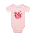 Pink baby onesie with a red heart-shaped “Fight heart disease” design, featured on white background.
