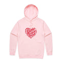Front view of a pink unisex hoodie with a red heart-shaped “Fight heart disease” design and kangaroo pocket.