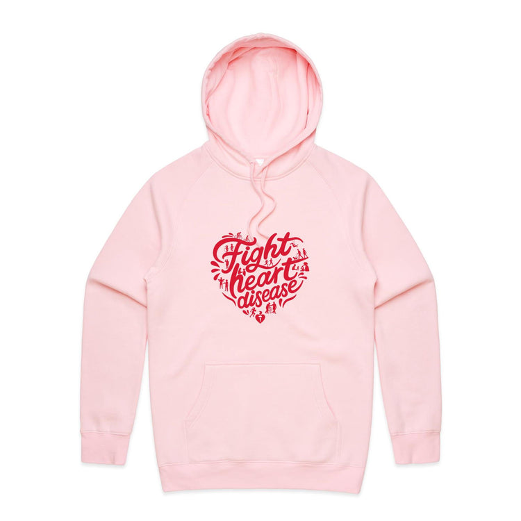 Front view of a pink unisex hoodie with a red heart-shaped “Fight heart disease” design and kangaroo pocket.