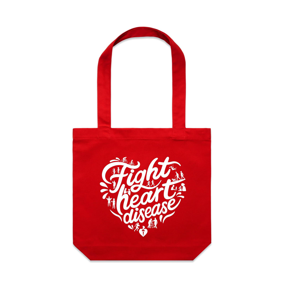 Red tote bag with a white heart-shaped “Fight heart disease” design, featured on white background.