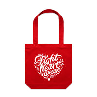 Red tote bag with a white heart-shaped “Fight heart disease” design, featured on white background.