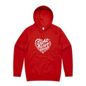 Front view of a red unisex hoodie with a white heart-shaped “Fight heart disease” design and kangaroo pocket.