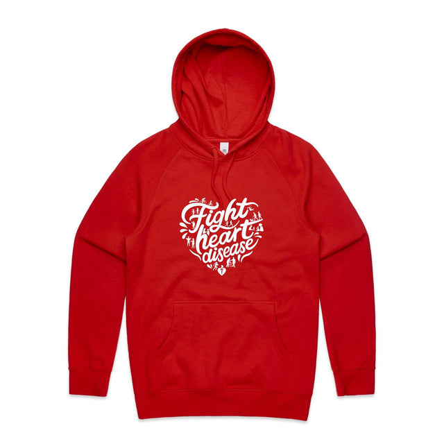 Front view of a red unisex hoodie with a white heart-shaped “Fight heart disease” design and kangaroo pocket.