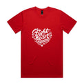 Red unisex t-shirt with heart shaped 'Fight heart disease' message drawing centre front displayed on white background.