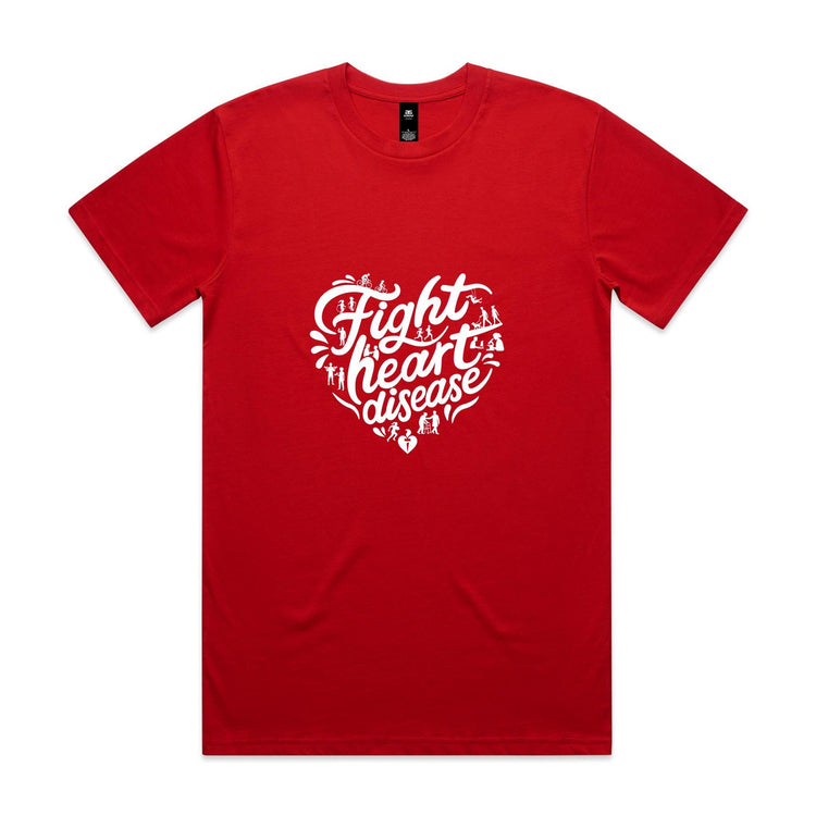 Red unisex t-shirt with heart shaped 'Fight heart disease' message drawing centre front displayed on white background.