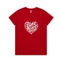 Women's red t-shirt with heart shaped 'Fight heart disease' message drawing centre front displayed on white background.