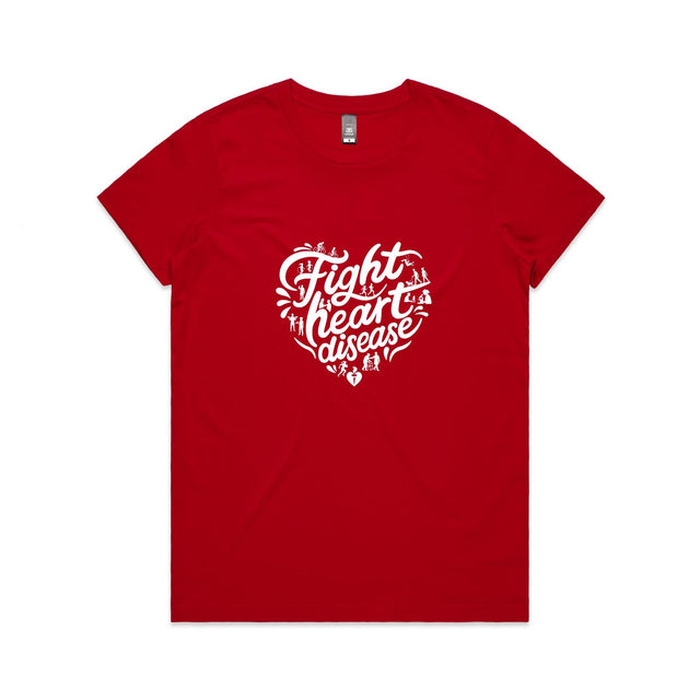 Women's red t-shirt with heart shaped 'Fight heart disease' message drawing centre front displayed on white background.