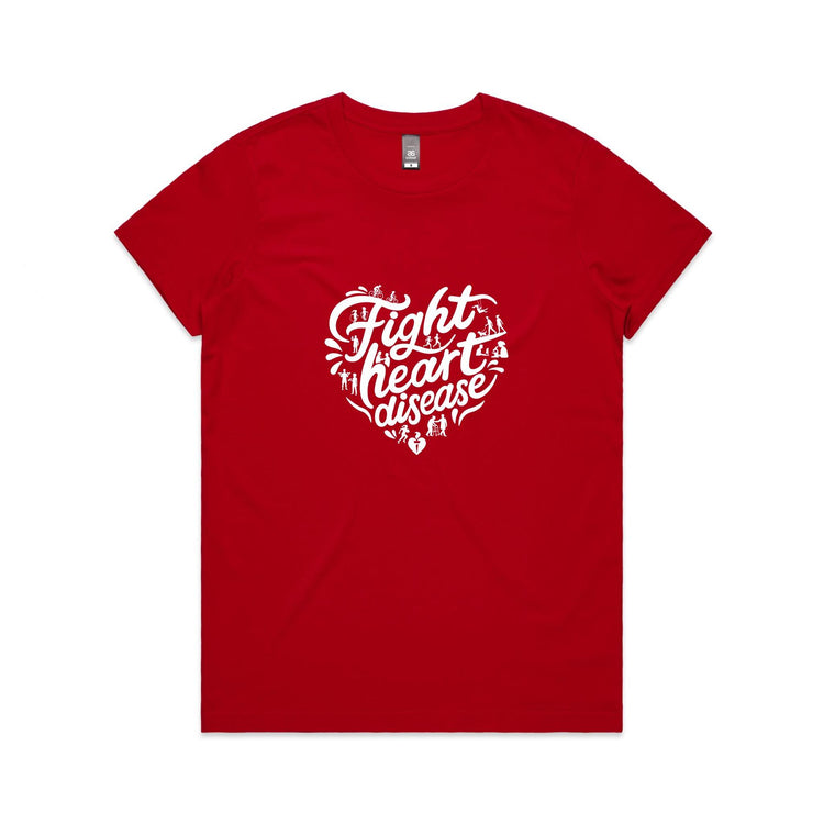 Women's red t-shirt with heart shaped 'Fight heart disease' message drawing centre front displayed on white background.