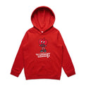 Red kids hoodie with atrium/ventricle slogan and happy heart. Featured on grey gradient background