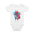 White infant onesie featuring an anatomical heart drawing, shown on a white background.