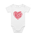 White baby onesie with a red heart-shaped “Fight heart disease” design, featured on white background.