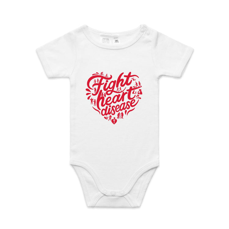 White baby onesie with a red heart-shaped “Fight heart disease” design, featured on white background.
