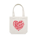 White tote bag with a red heart-shaped “Fight heart disease” design, featured on white background.