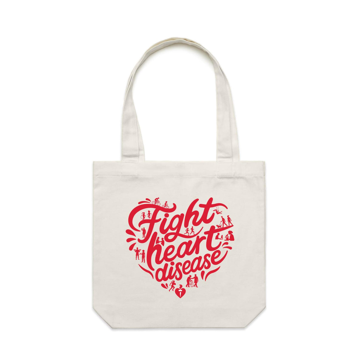 White tote bag with a red heart-shaped “Fight heart disease” design, featured on white background.