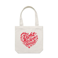 White tote bag with a red heart-shaped “Fight heart disease” design, featured on white background.